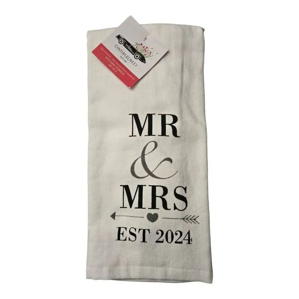 Cynthia Rowley Set Of 3 Kitchen Towels White/Grey Mr. & Mrs. Est 2024